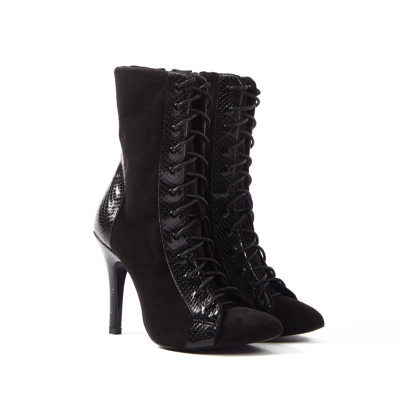 Vixen - Black Pointy Toe Lace Up Bootie Stiletto Dance Heels Dance Shoes