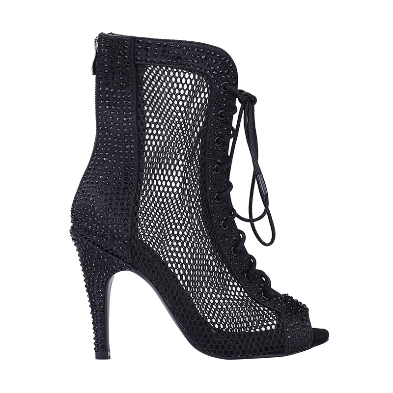 Bouge Moi Dance Shoes Black Fishnet Mash Lace Up Booties